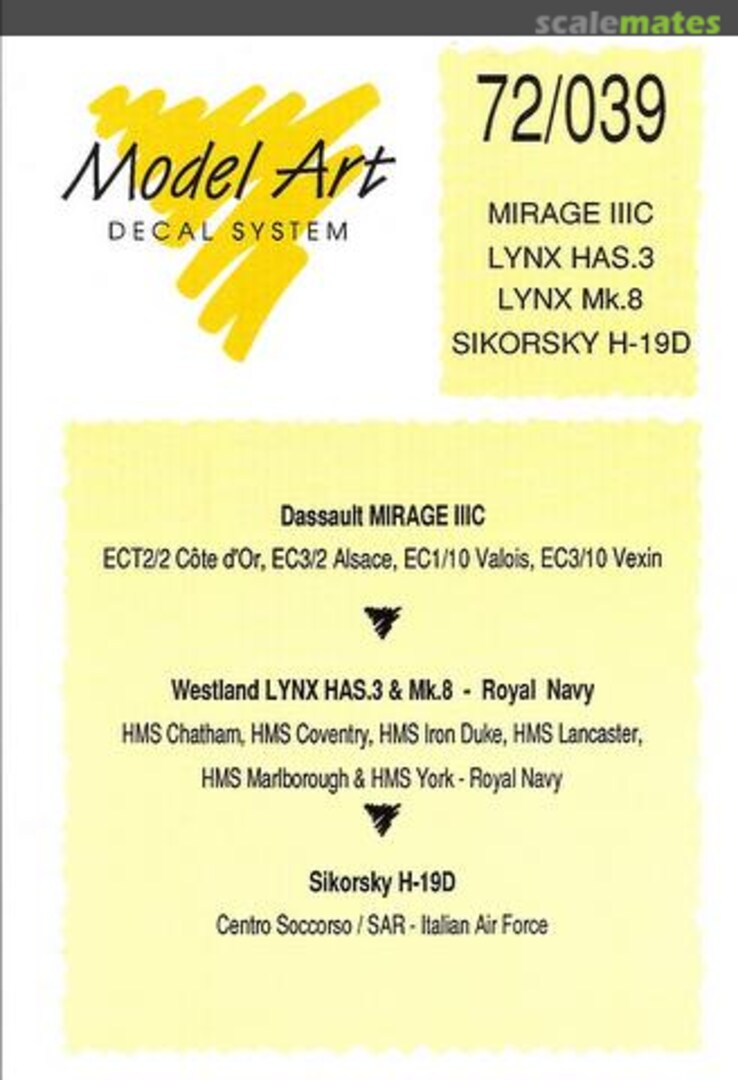 Boxart Mirage IIIC, Lynx HAS.3/Mk.8, Sikorsky H-19D 72/039 Model Art Decal System