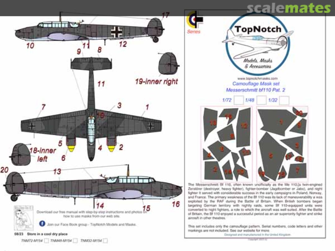 Boxart Messerschmitt Bf-110 Camouflage Mask set pattern 2 TNM48-M154 TopNotch