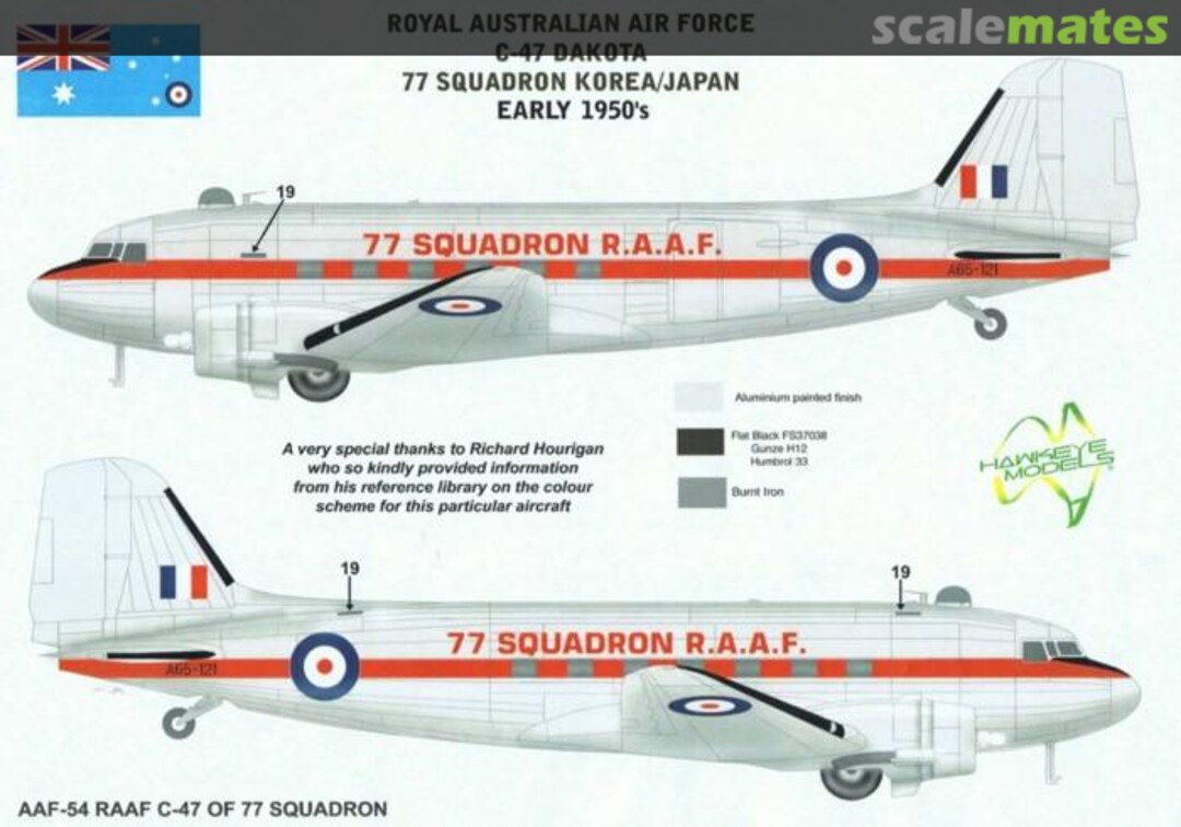 Boxart RAAF Douglas C-47 Dakota, A65-121, 77 Sqn. Early 1950's AAF-054 Hawkeye Models