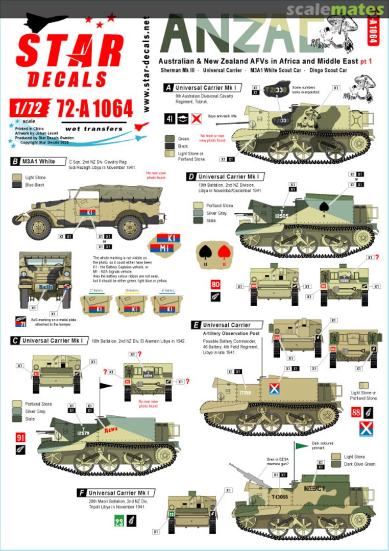 Boxart ANZAC Australian & New Zealand AFVs in Africa and Middle East pt 1 72-A 1064 Star Decals