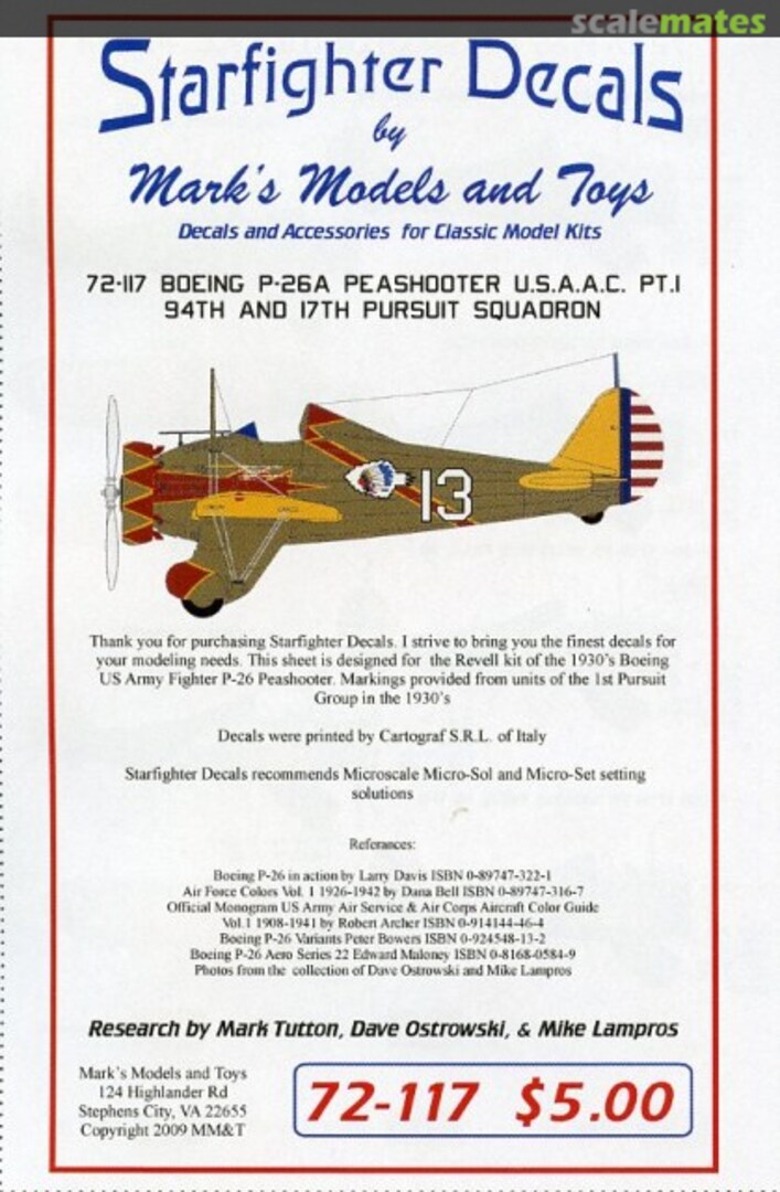 Boxart P-26 Peashooter Pt.1 94th & 17th Pursuit Squadrons 72-117 Starfighter Decals