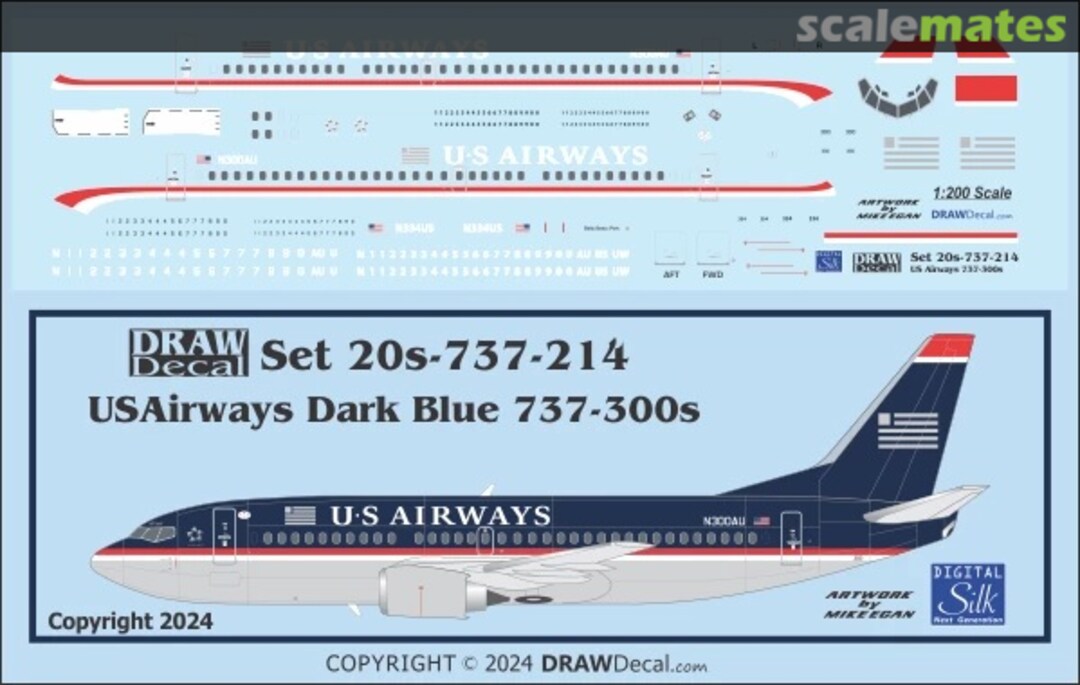 Boxart USAirways Dark Blue Scheme 737-300s 20-737-214 Draw Decal