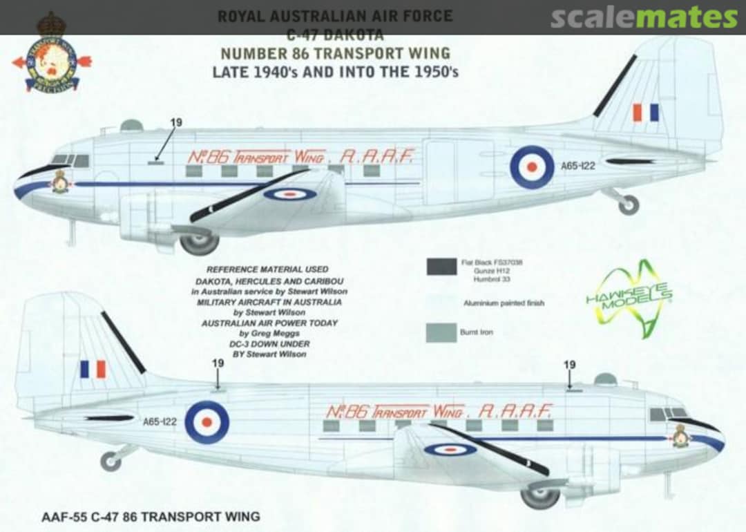 Boxart RAAF Douglas C-47 Dakota, A65-122, 86 Transport Wing, Late 40's & Early 50's AAF-055 Hawkeye Models