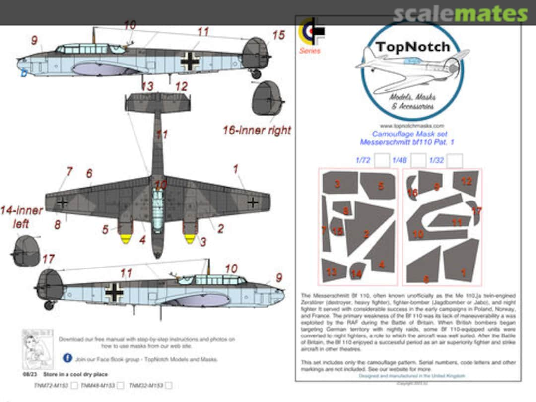 Boxart Messerschmitt Bf-110 Camouflage Mask set pattern 3 TNM48-M155 TopNotch