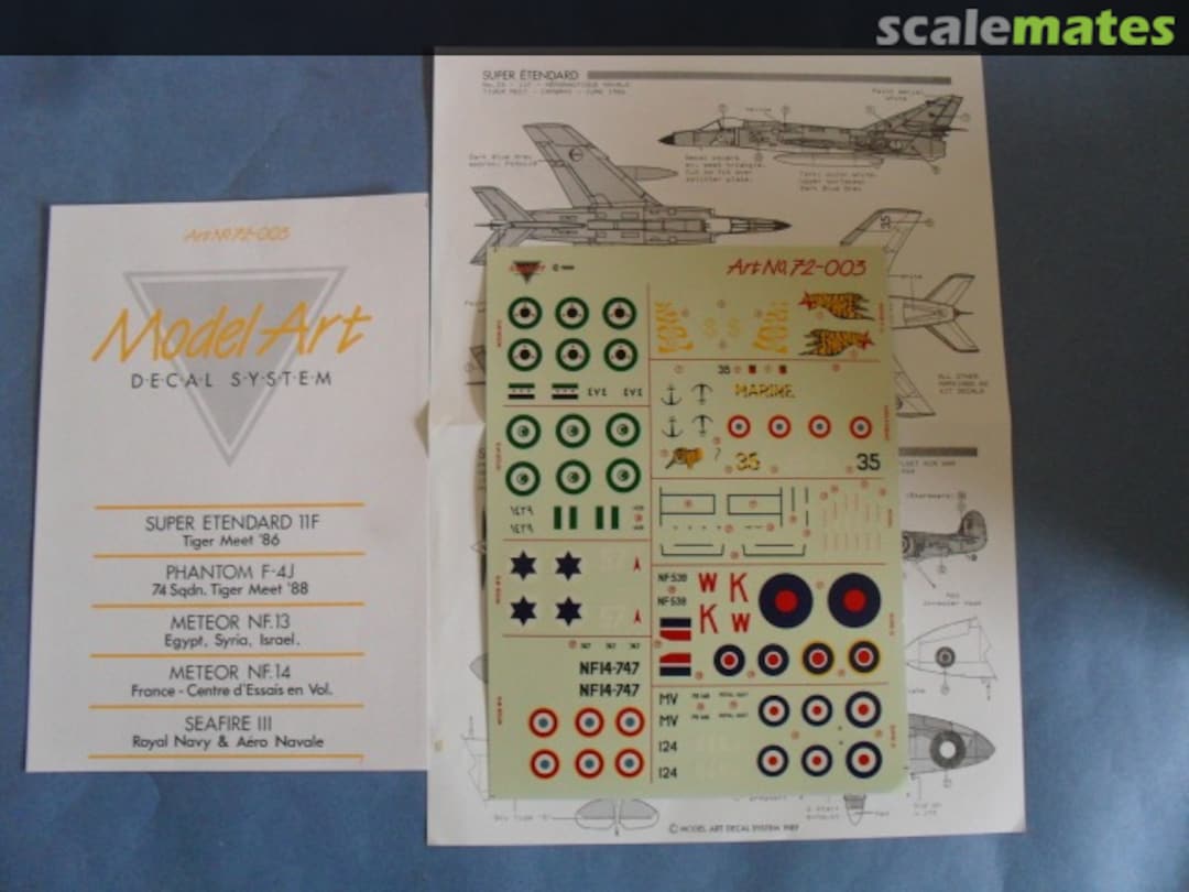 Boxart Super Etendard, Phantom F-4J, Meteor NF.13, Meteor NF.14, Seafire III 72/003 Model Art Decal System