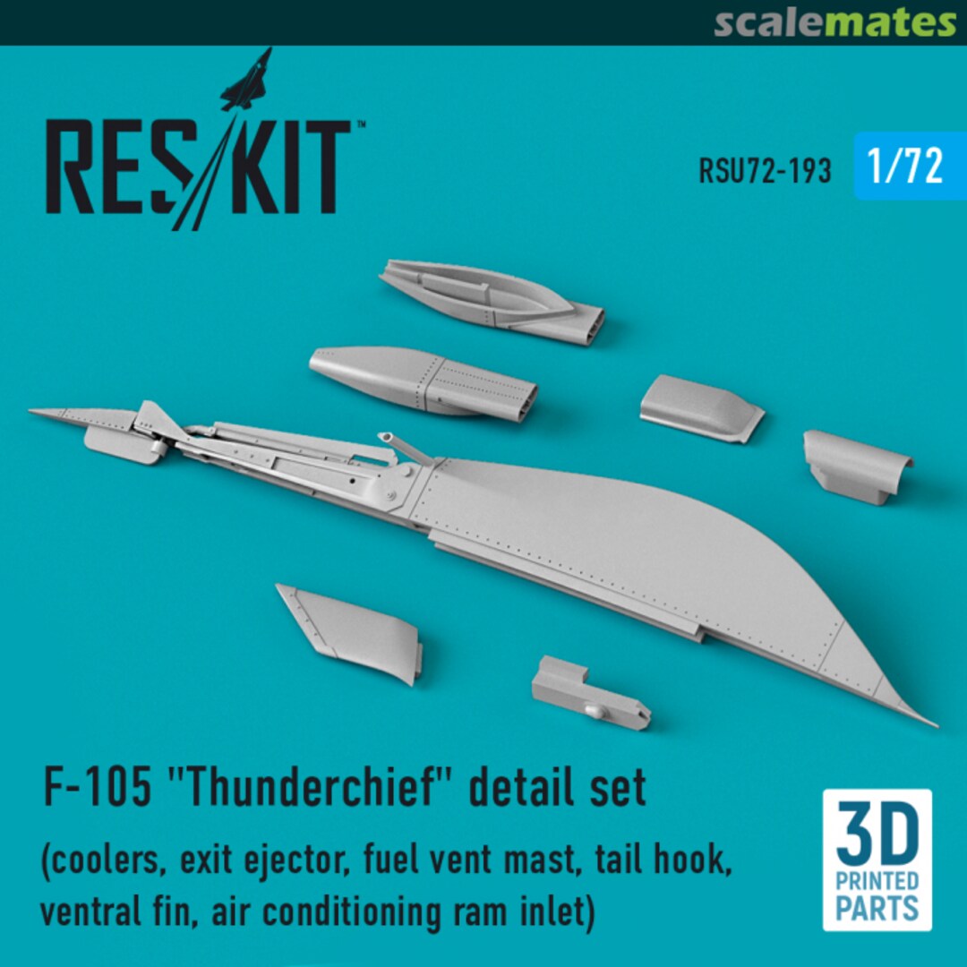 Boxart F-105 Thunderchief – detail set (coolers, exit ejector, fuel vent mast, tail hook,ventral fin, air conditioning ram inlet) (3D Printed) RSU72-0193 ResKit