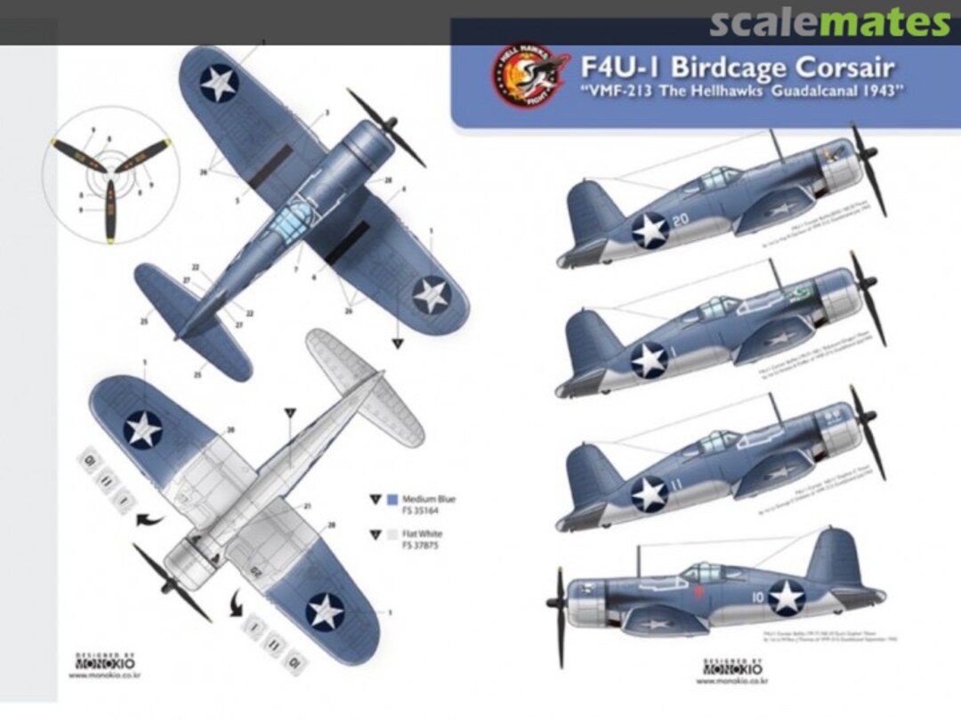 Boxart F4U-1 Birdcage Corsair VMF-213 The Hellhawks Guadalcanal 1943 WD72054 Monokio