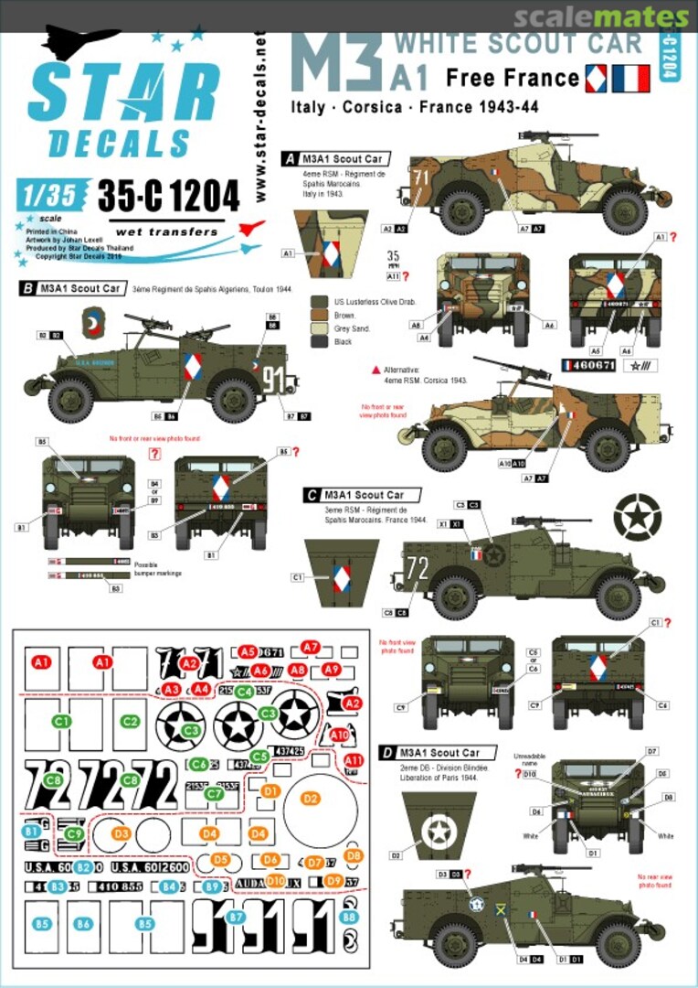 Boxart French M3A1 White Scout Car 35-C1204 Star Decals