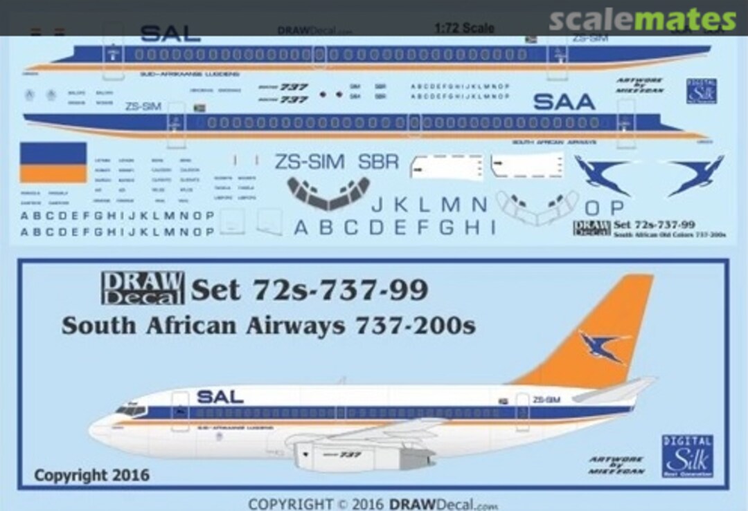 Boxart South African Airways Old Colors 737-200s 72-737-99 Draw Decal