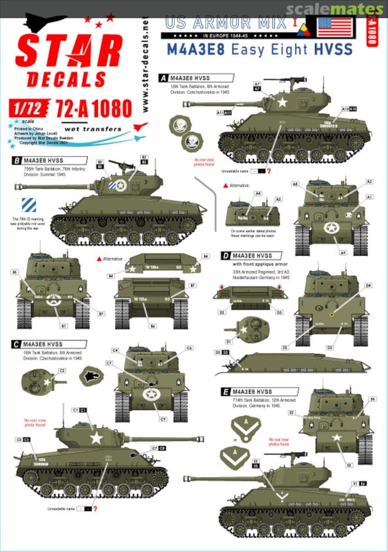 Boxart M4A3E8 'Easy Eight' HVSS 72-A1080 Star Decals