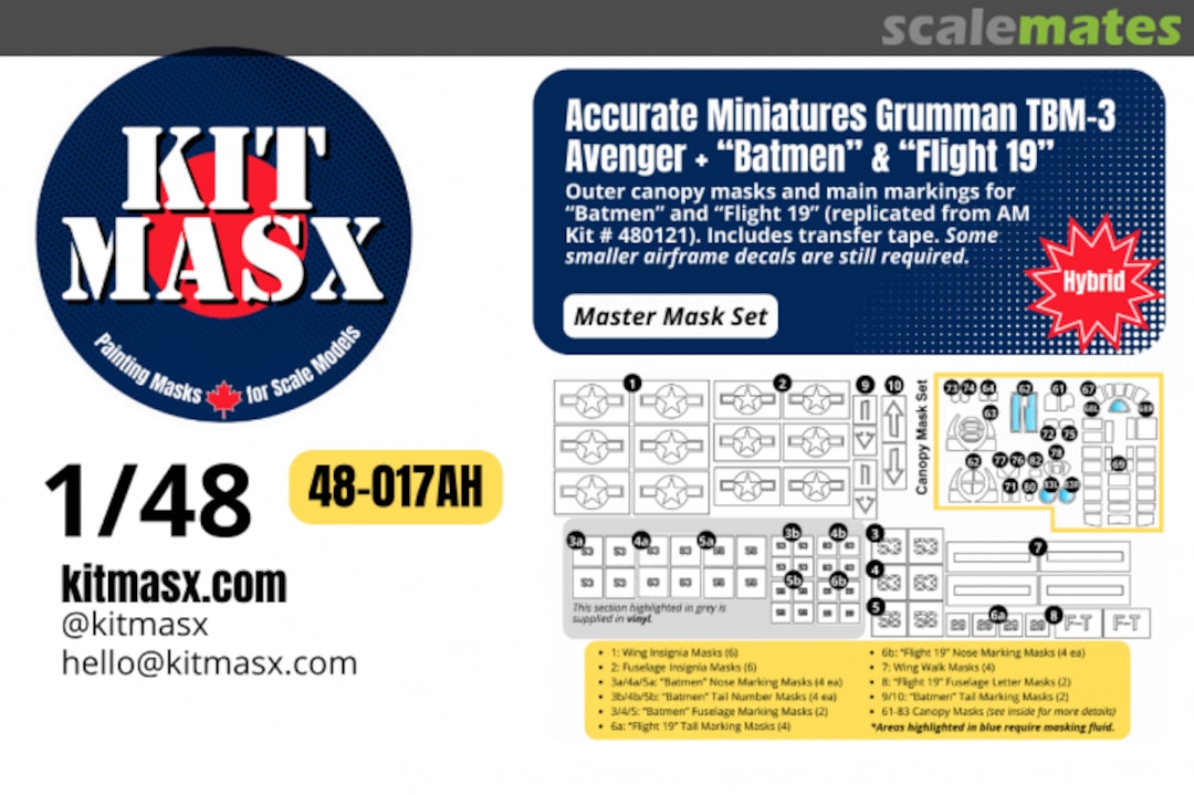 Boxart Grumman TBM-3 Avenger 'Batmen' & 'Flight 19', main markings mask 48-017AH Kit Masx