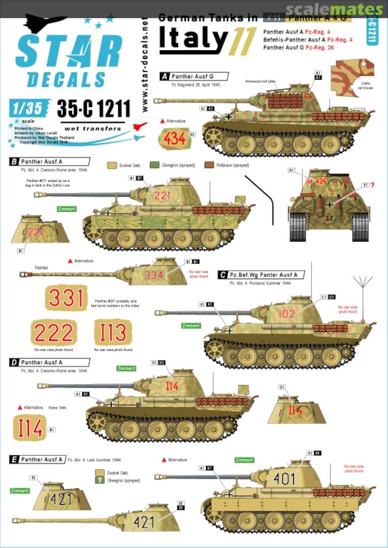 Boxart German tanks in Italy # 11 - Panther A & G 35-C1211 Star Decals