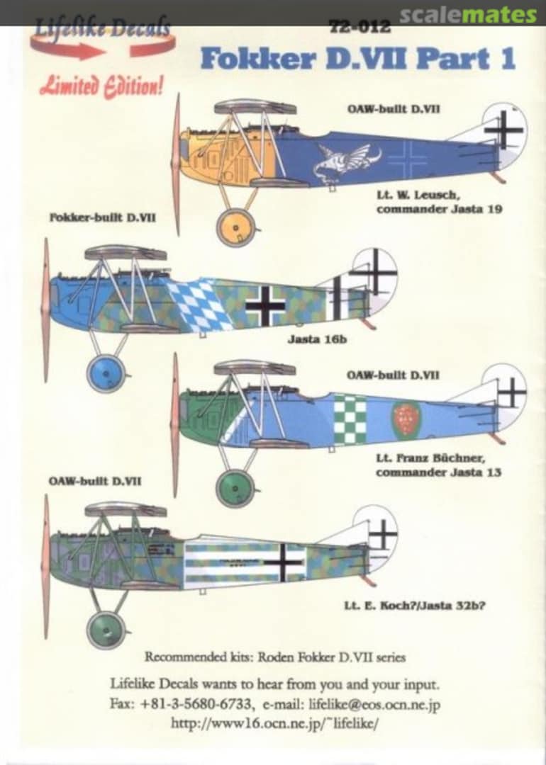 Boxart Fokker D.VII Part 1 72-012 Lifelike Decals