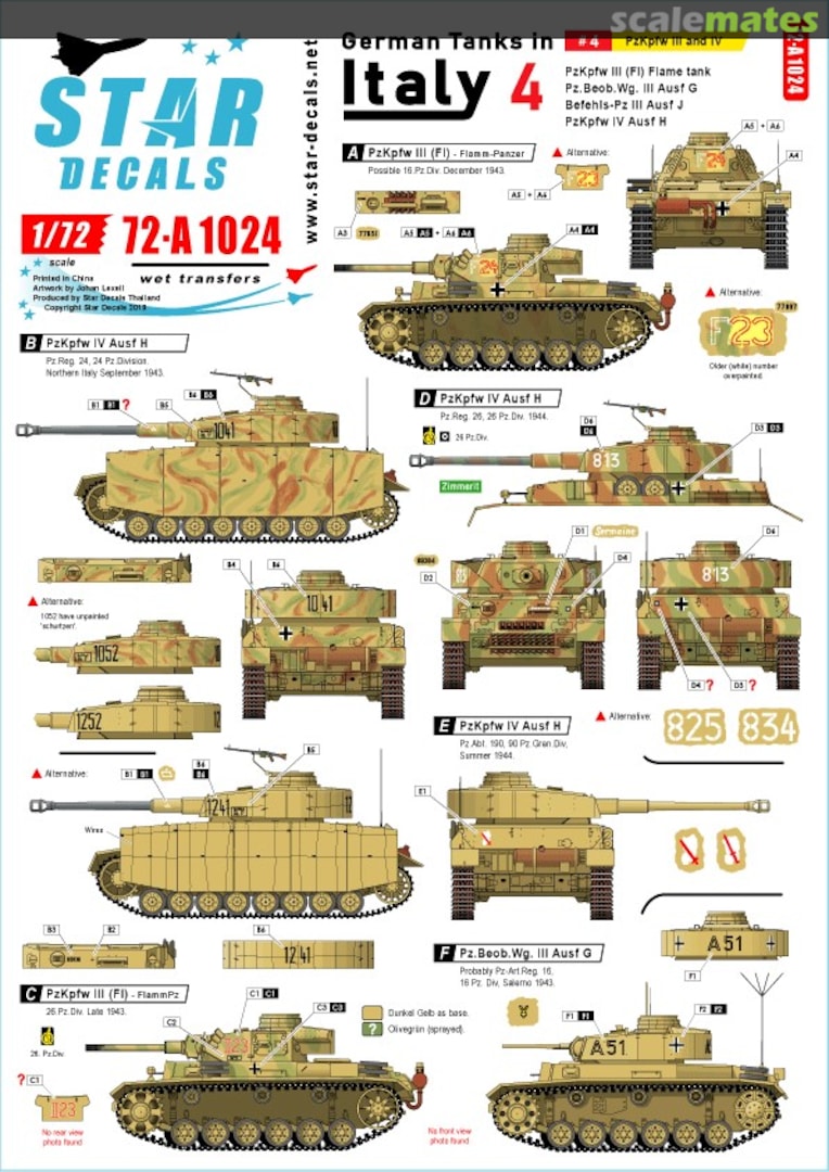 Boxart German tanks in Italy # 4. PzKpfw III and IV 72-A1024 Star Decals