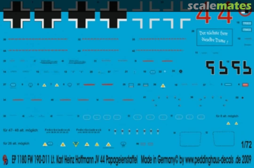 Boxart FW 190-D11 Leut. Karl Heinz Hoffmann JV 44 Papageienstaffel EP 1180 Peddinghaus-Decals