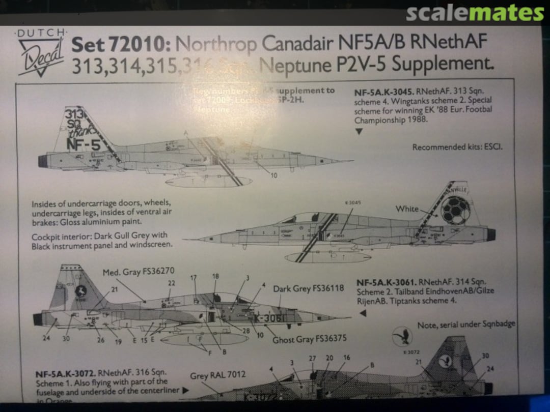 Boxart Northrop Canadair NF5A/B RNethAF 313, 314, 315, 316 Sqn. 72010 Dutch Decal