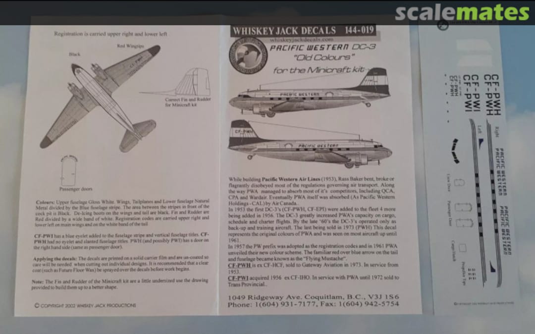 Boxart Pacific Western Airlines DC-3 (old colors) 144-019 Whiskey Jack Decals