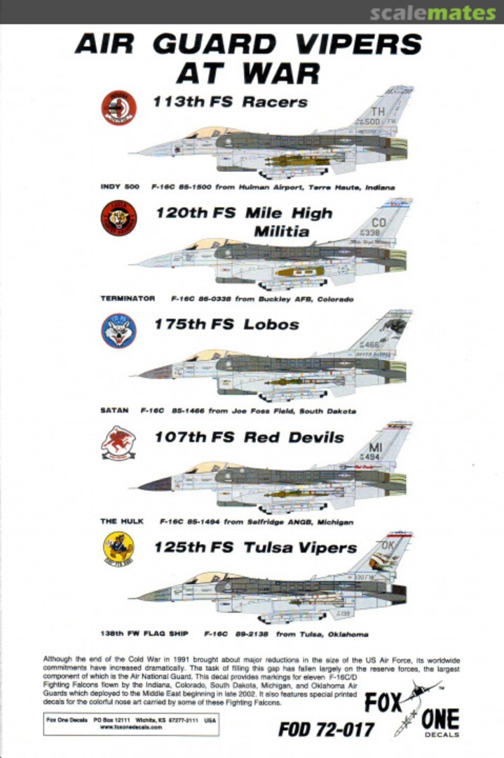 Boxart Air Guard Vipers at War 72-017 Fox One Decals