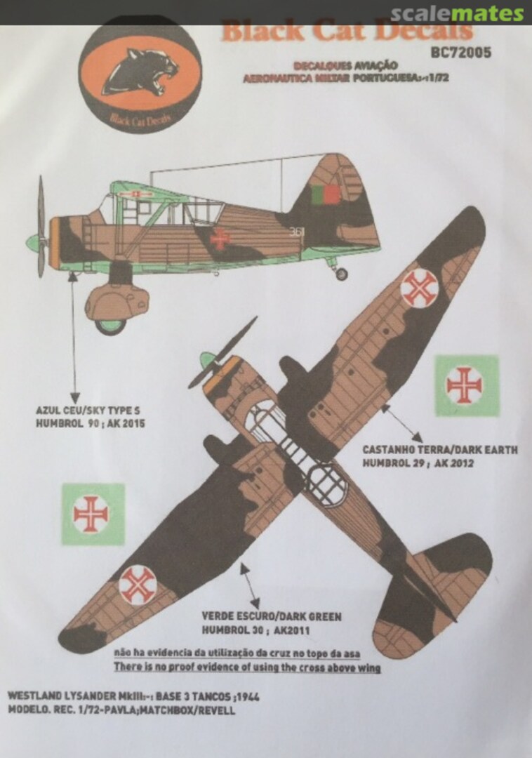 Boxart Westland Lysander Mk III, Base 3 Tancos 1944 BC72005 Black Cat Decals