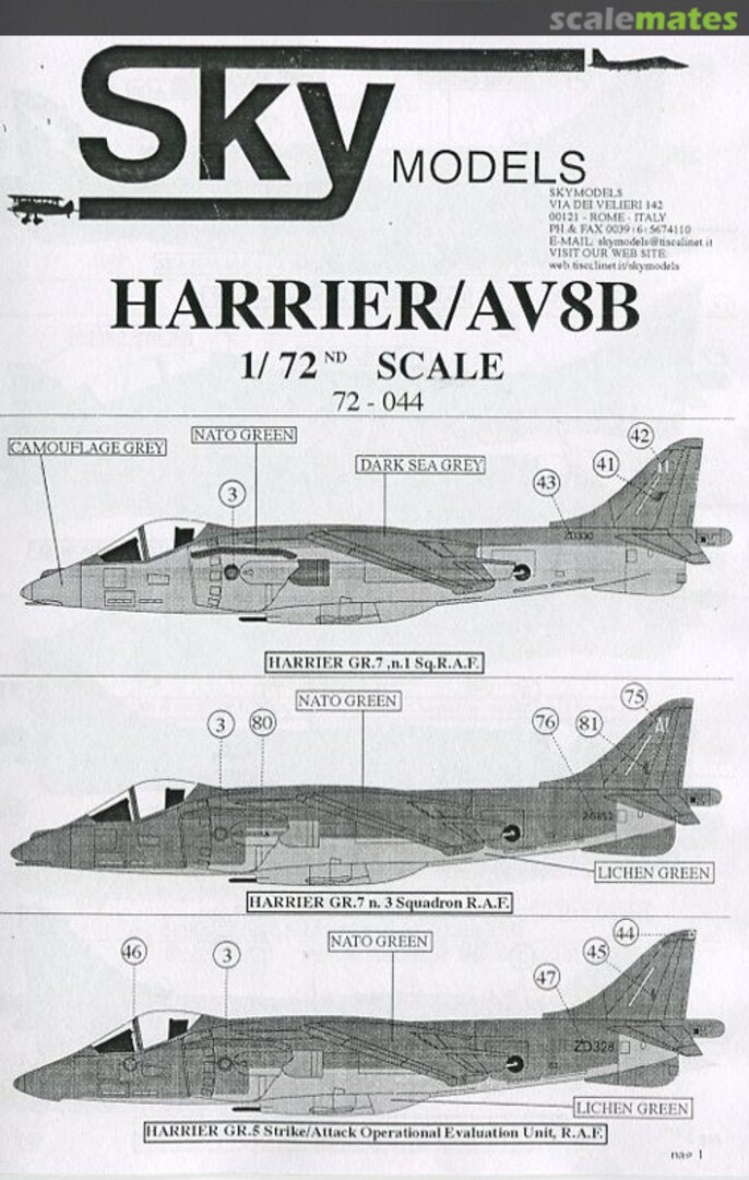 Contents BAe-McDonnell Harrier-AV8B 72-044 Sky Models