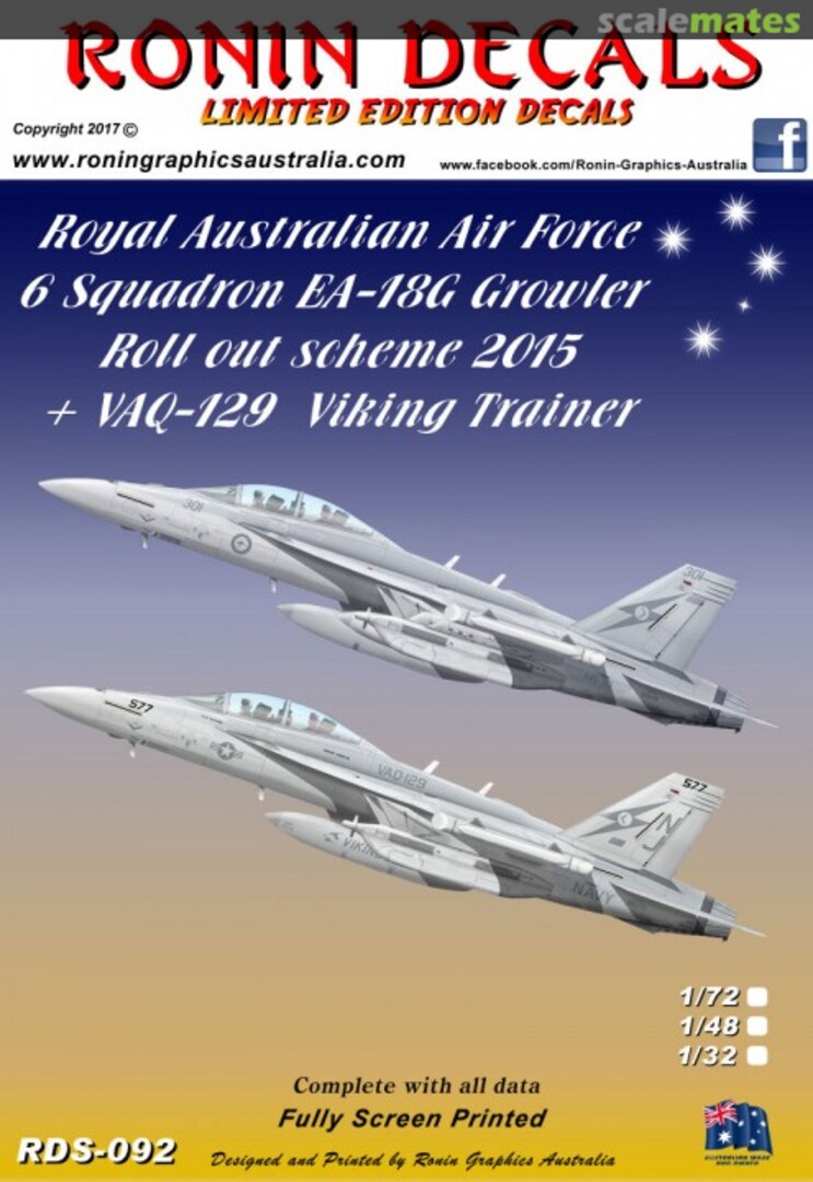 Boxart RAAF 6 Sqn EA-18G Growler Roll Out Scheme 2015 & VAQ-129 Viking Trainer RDS-092 Ronin Decals