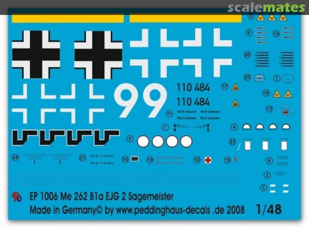 Boxart Me 262 B1a EJG 2 Gefreiter Sagemeister EP 1006 Peddinghaus-Decals