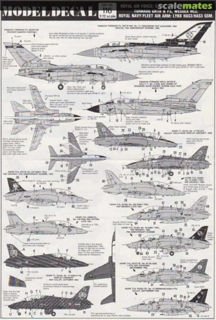 Contents Royal Air Force: Hawk T1/T1A; Phantom FGR2; Tornado GR1A & F3; Wessex HC2; Royal Navy/Fleet Air Arm: Lynx HAS3/HAS3 GSM 116 Modeldecal