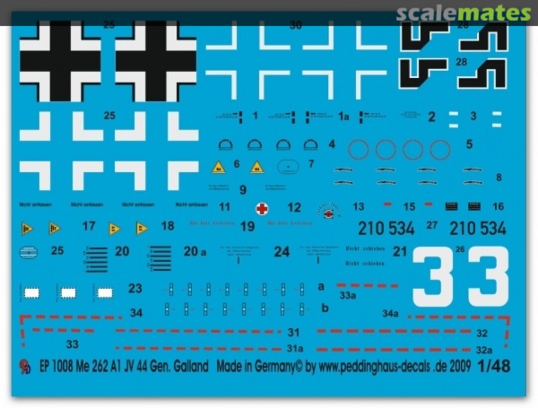 Boxart Me 262 A1 JV 44 General Galland EP 1008 Peddinghaus-Decals