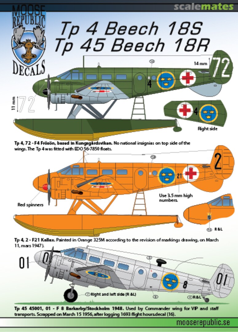 Boxart Tp 4 Beech 18S, Tp 45 Beech 18R 72010 Moose Republic Decals