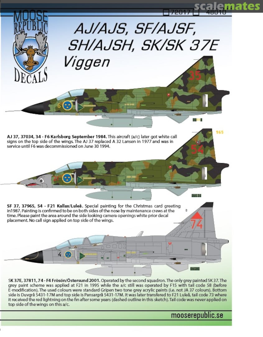 Boxart AJ/AJS, SF/AJSF, SH/AJSH, SK/SK 37E Viggen 72017 Moose Republic Decals