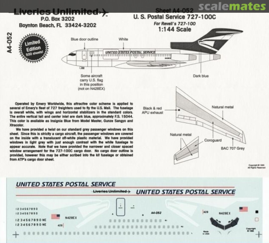 Boxart Boeing 727-100C: United States Postal Service (USPS) A4-052 Liveries Unlimited/Airway Graphics