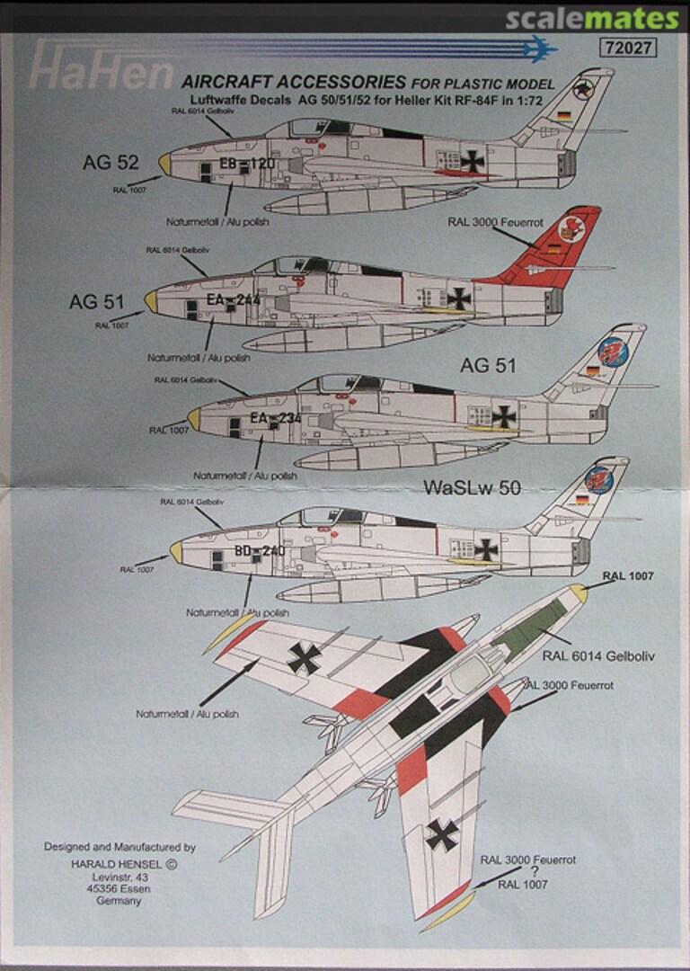 Boxart Luftwaffe Decals AG 50/51/52 RF-84F 72027 HaHen