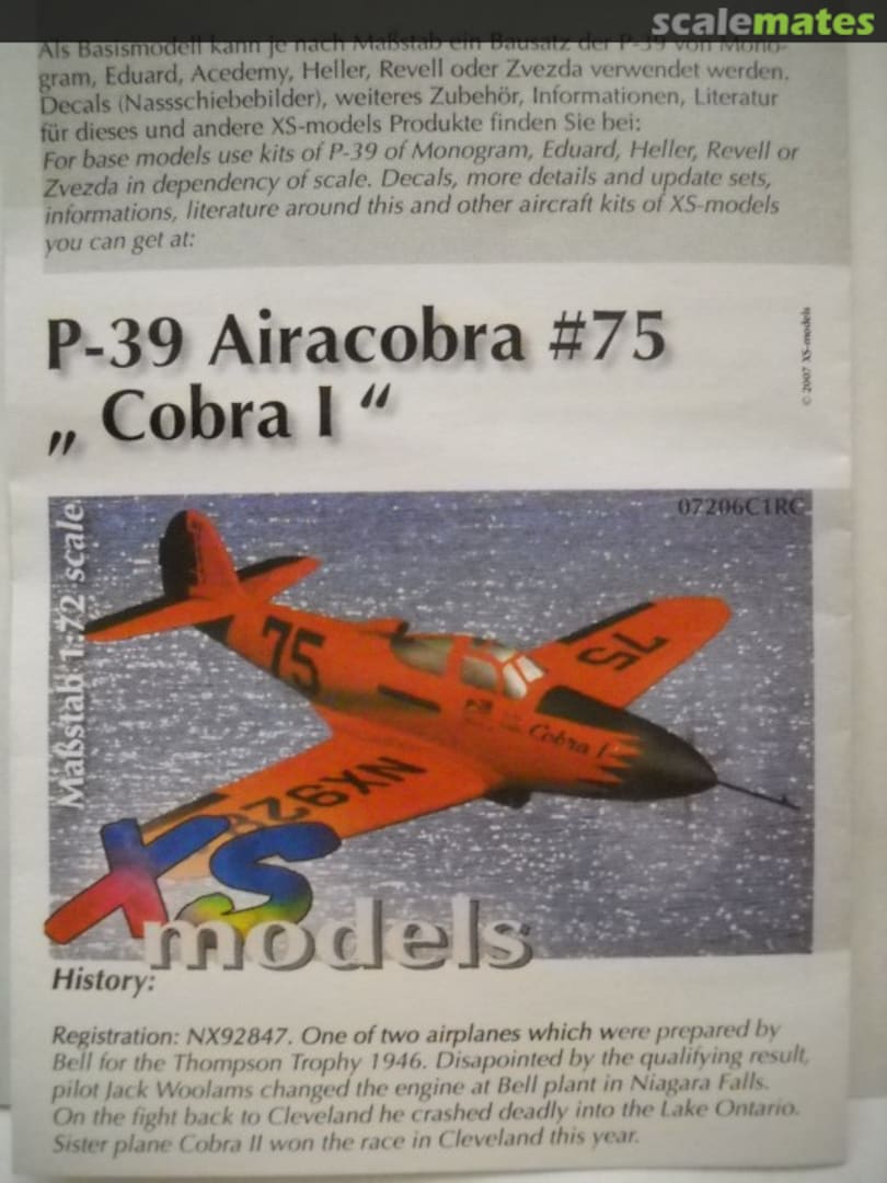 Boxart P-39 Airacobra #75 "Cobra I" 07206C1RC XS-models