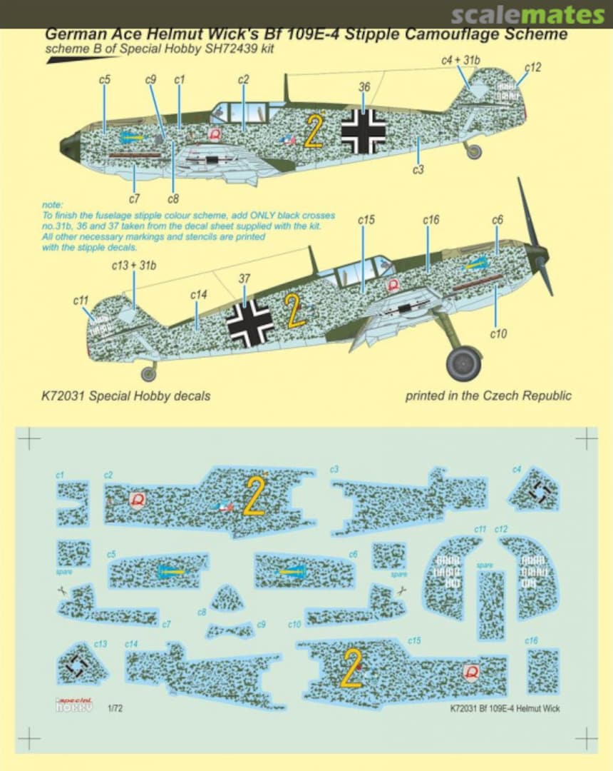 Boxart German Ace Helmut Wick's Bf 109E-4 Stipple Camouflage Scheme K72031 Special Hobby