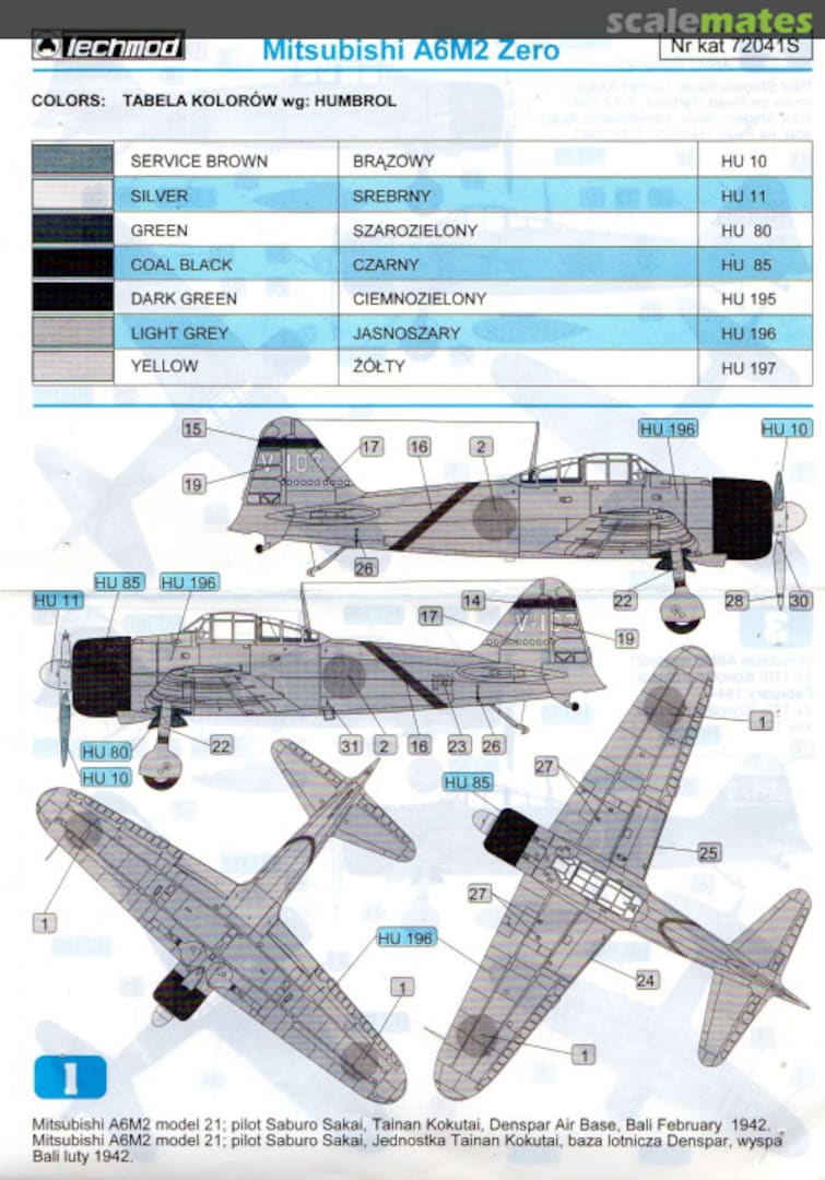 Contents Mitsubishi A6M2 Zero 72041S Techmod