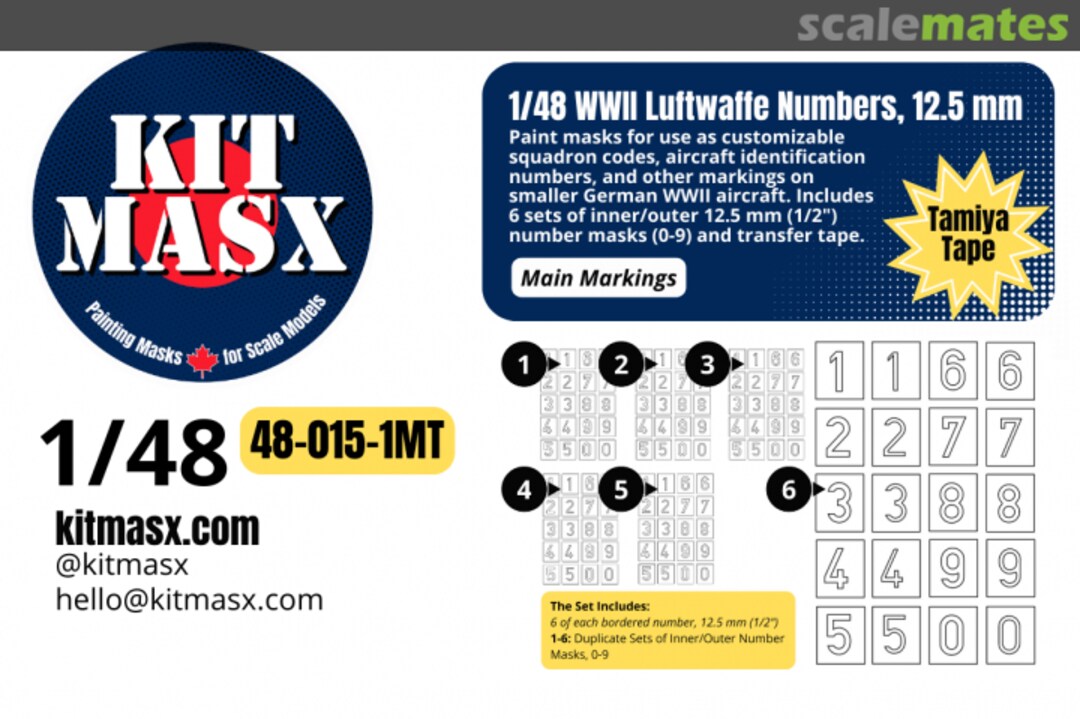 Boxart WWII Luftwaffe Numbers (12.5mm), main markings mask 48-015-1MT Kitmasx