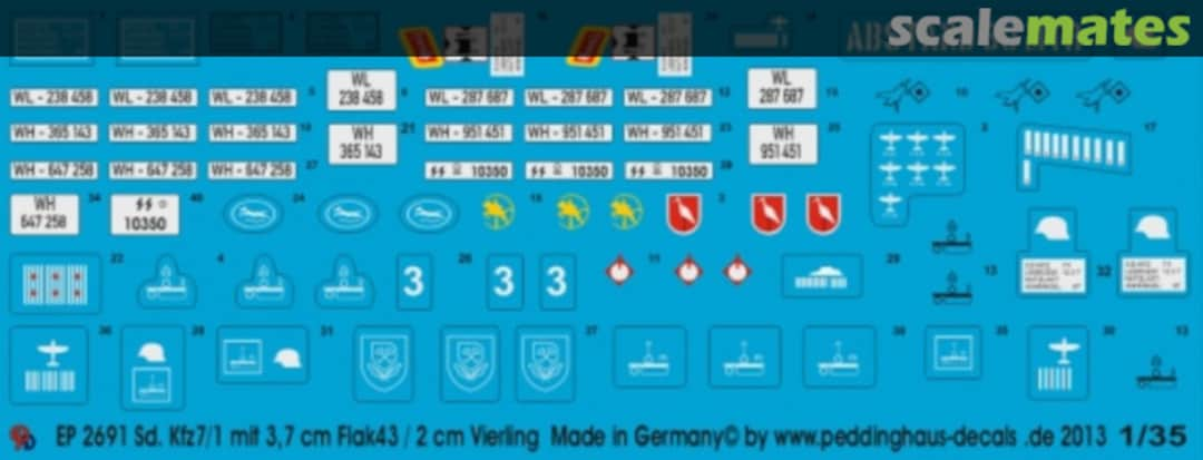 Boxart Sd.Kfz 7/1 8 ton Zugmaschine gepanzert und ungepanzert mit 3,7 Flak 43 und 2cm Vierling EP 2691 Peddinghaus-Decals