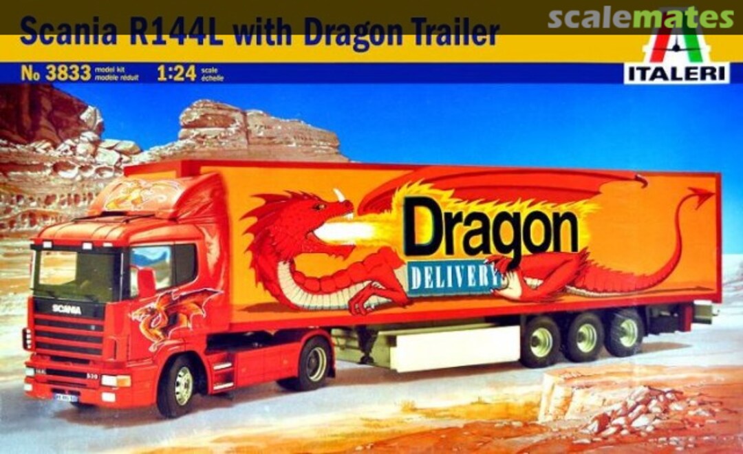 Boxart Scania R144L with Dragon Trailer 3833 Italeri