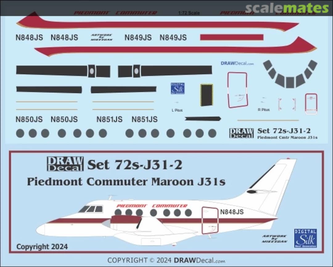 Boxart Piedmont Commuter Maroon Jetstream 31s 72-J31-2 Draw Decal