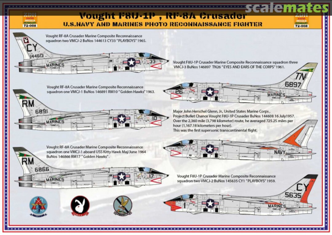 Boxart Vought F8U-1P, RF-8A Crusader U.S.Navy and Marines Photo-Recon Fighter 72-008 ZDH Decals