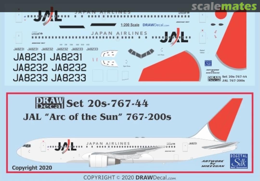 Boxart Japan Airlines “Arc of the Sun” 767-200s 20-767-44 Draw Decal