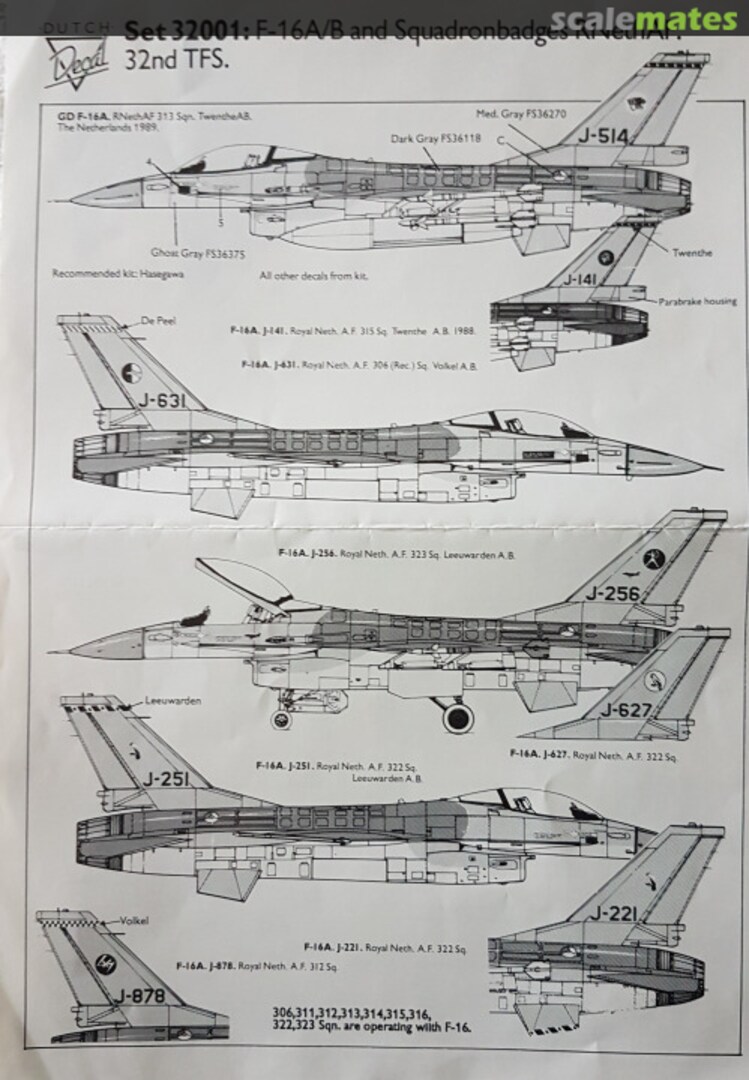 Boxart F-16A/B, Hunter, F-104, 32 TFS Squadronbadges RNethAF: 306, 311, 312, 313, 314, 315, 316, 322, 323, 324, 325 squadron 32001 Dutch Decal