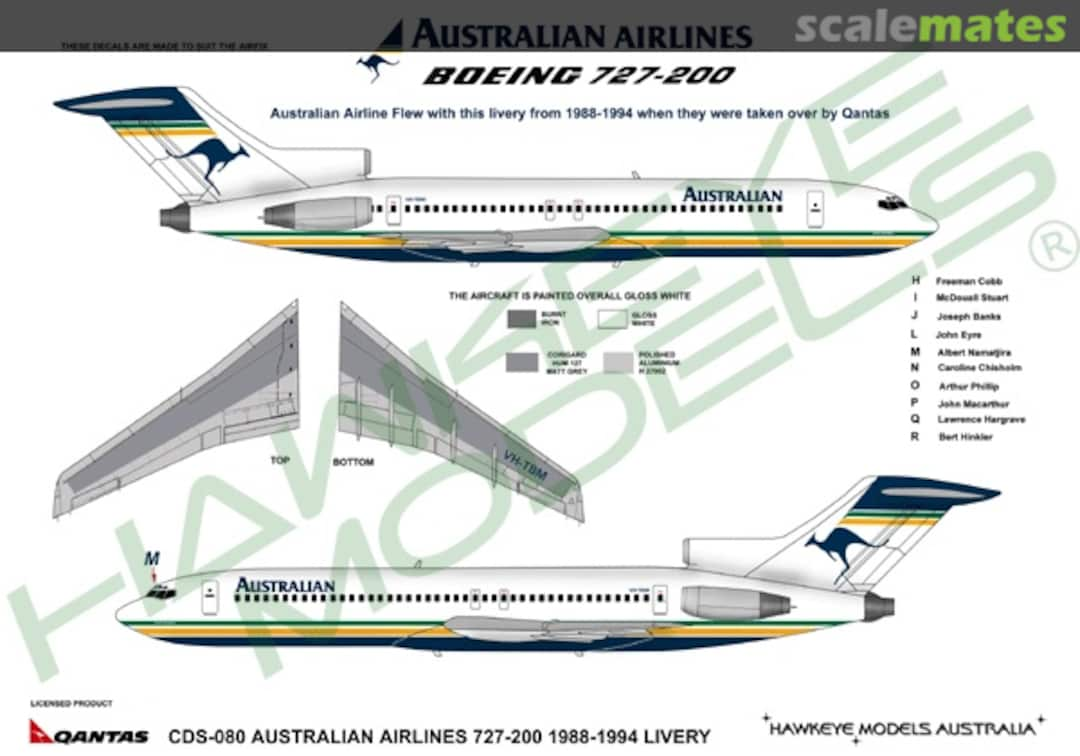 Boxart Australian Airlines, Boeing 727-200, 1988-1994 CDS-080 Hawkeye Models