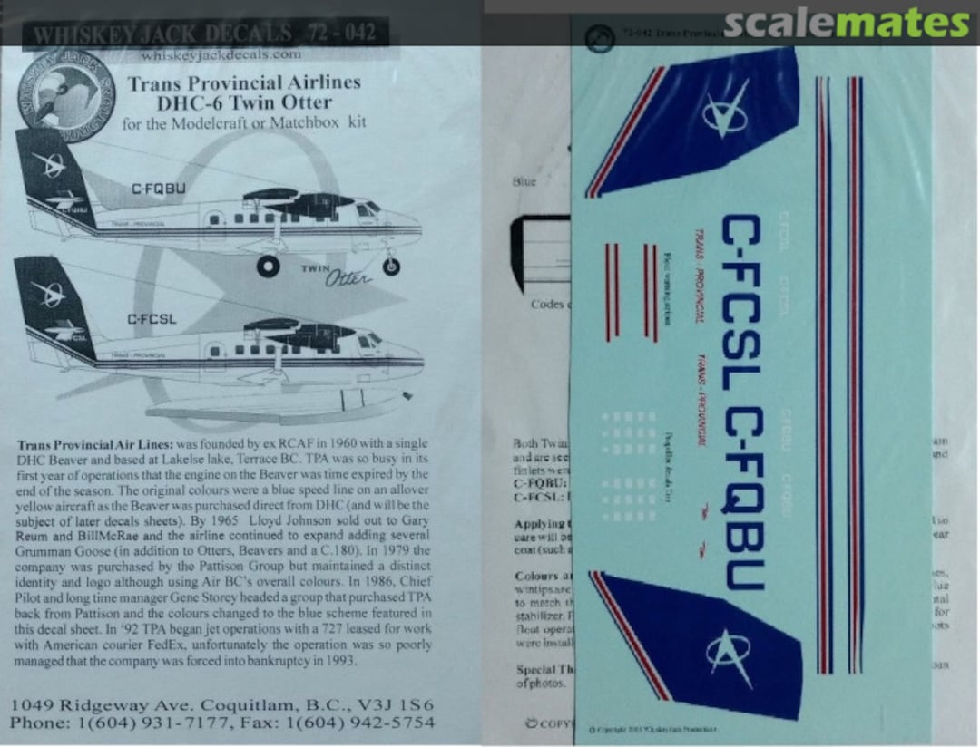 Boxart Trans Provincial Airlines DHC-6 Twin Otter 72-042 Whiskey Jack Decals