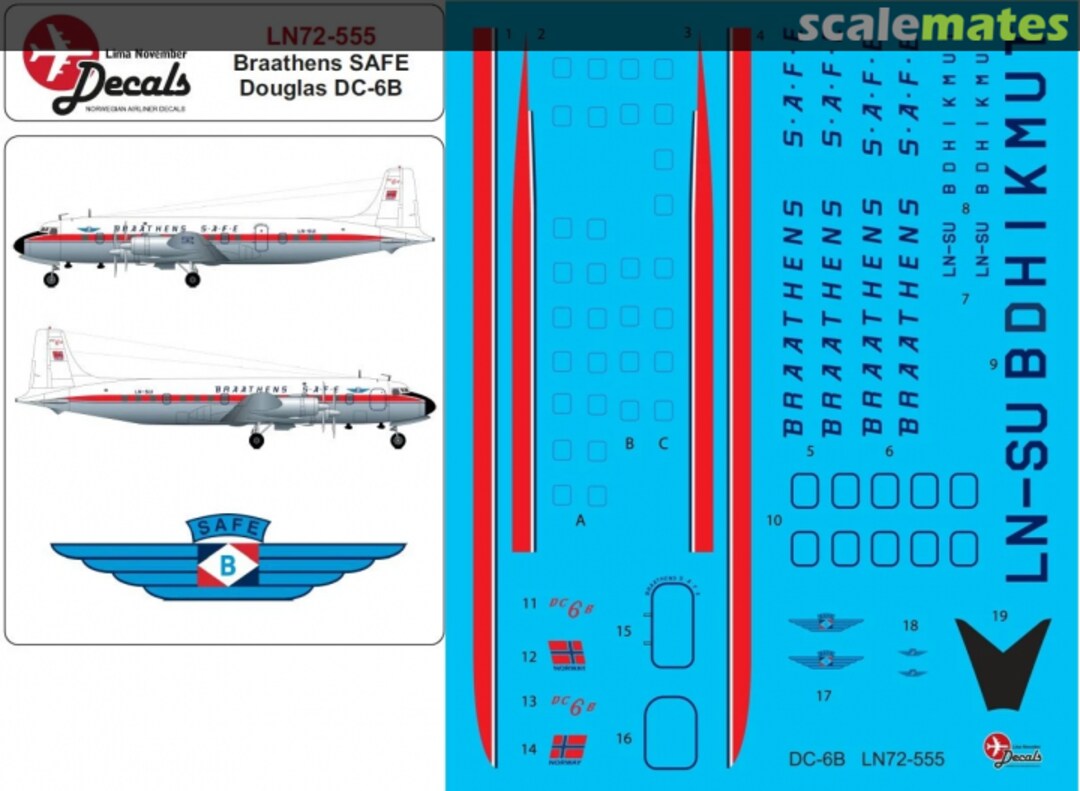 Boxart Braathens SAFE Douglas DC-6B with window masks LN72-555 Lima November Decals