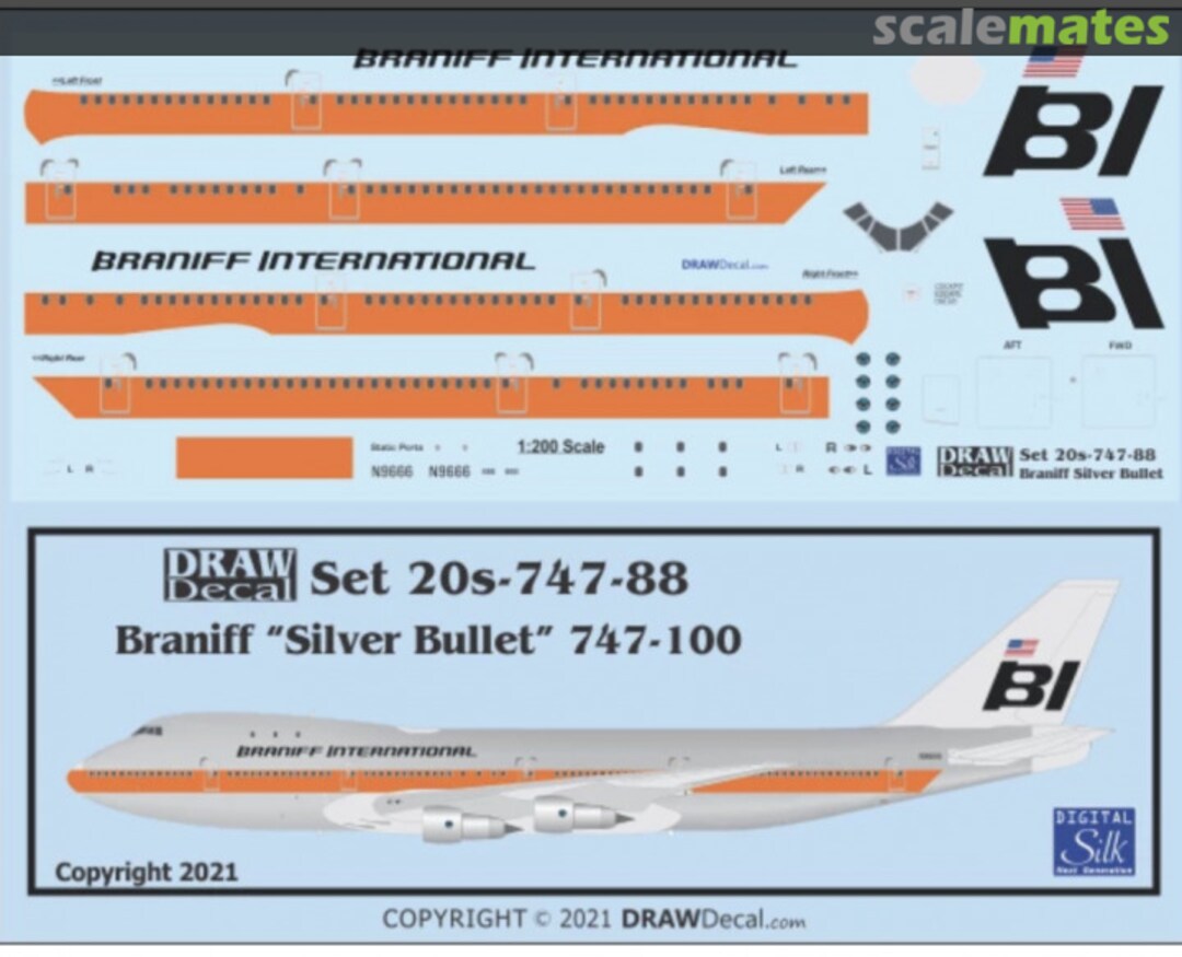 Boxart 1/200 B-747 Braniff International “Silver Bullet” 20-747-88 Draw Decal