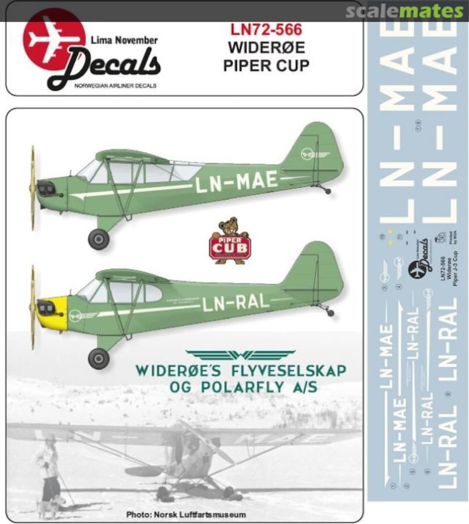 Boxart Wideroe Piper J-3 Cub with masks LN72-566 Lima November Decals