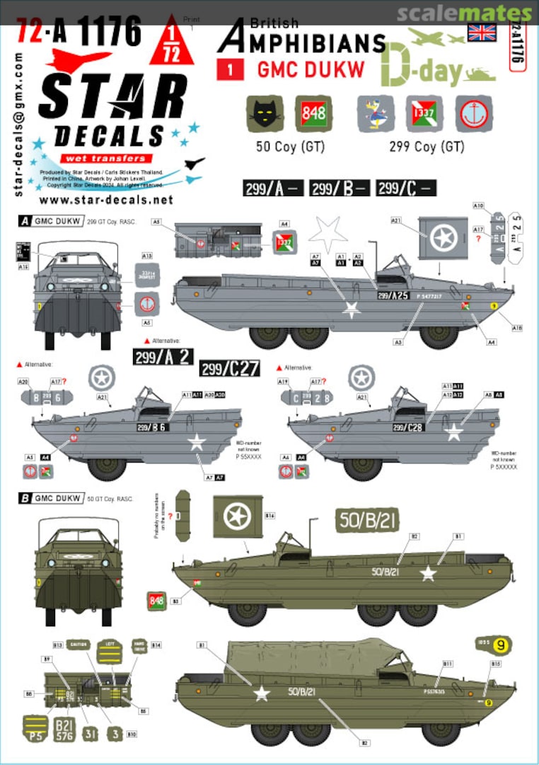 Boxart WWII British D-Day DUKW Amphibious Vehicle #1 50th/299th Composite Company 72-A1176 Star Decals