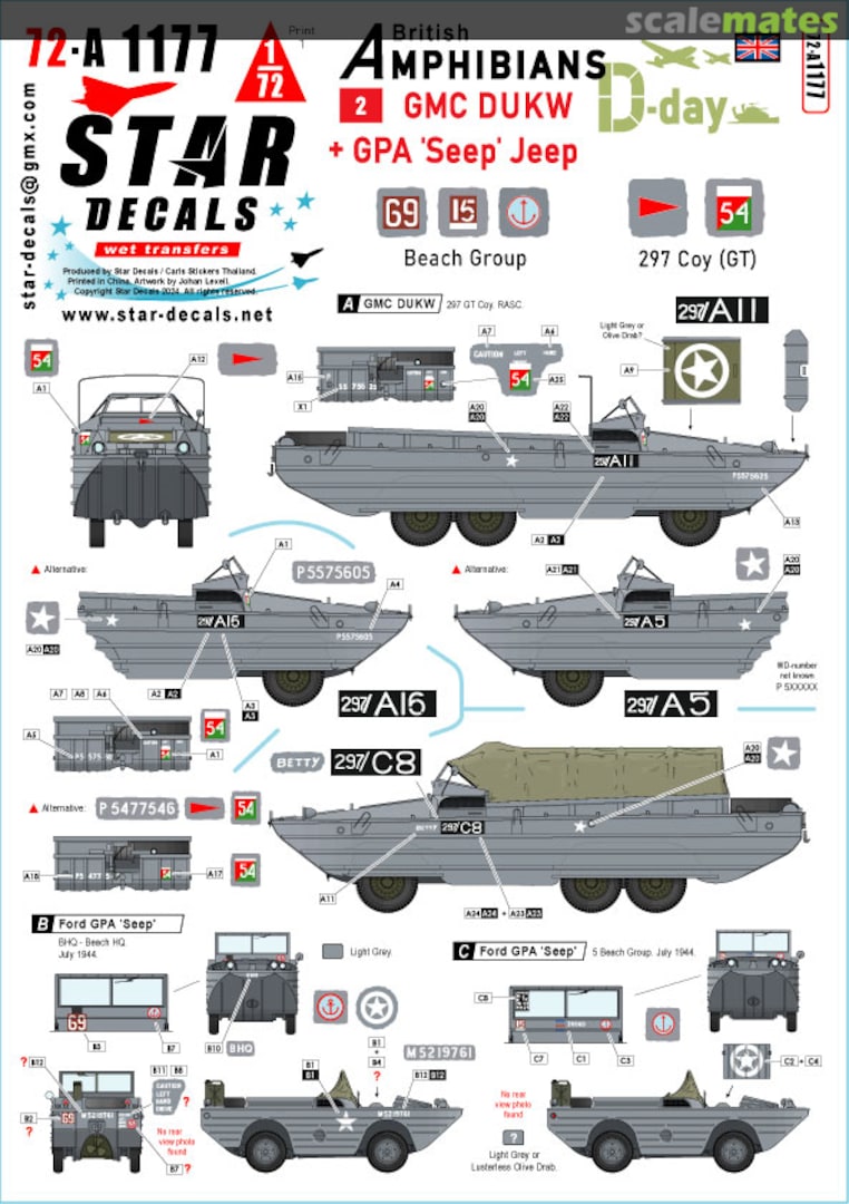 Boxart WWII British D-Day DUKW/Jeep Amphibious Vehicle #2 297th Composite Company/Beach Group 72-A1177 Star Decals