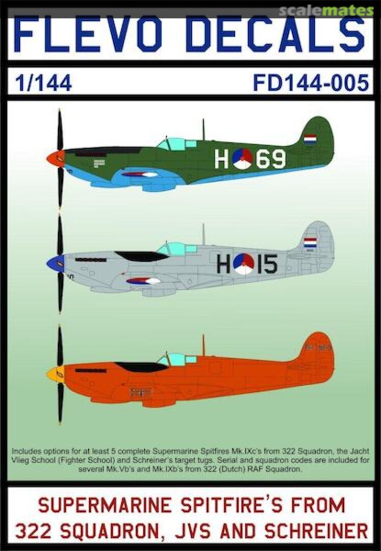 Boxart Supermarine Spitfires from 332sq, Jacht Vlieg School and Schreiner FD144-005 Flevo Decals